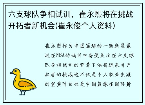 六支球队争相试训，崔永熙将在挑战开拓者新机会(崔永俊个人资料)