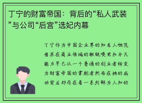 丁宁的财富帝国：背后的“私人武装”与公司“后宫”选妃内幕