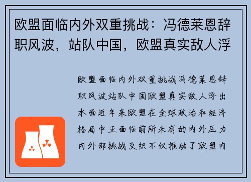 欧盟面临内外双重挑战：冯德莱恩辞职风波，站队中国，欧盟真实敌人浮出水面