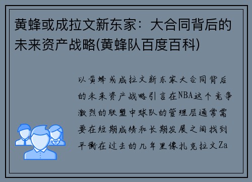 黄蜂或成拉文新东家：大合同背后的未来资产战略(黄蜂队百度百科)