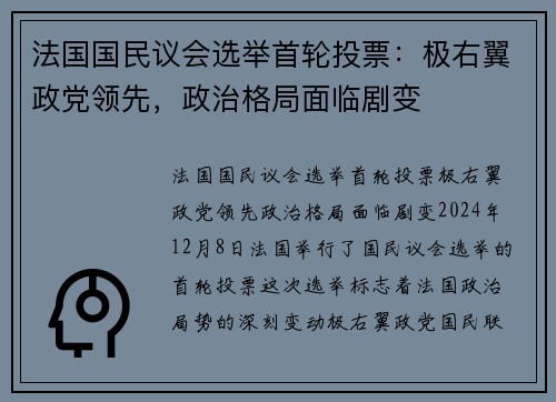 法国国民议会选举首轮投票：极右翼政党领先，政治格局面临剧变